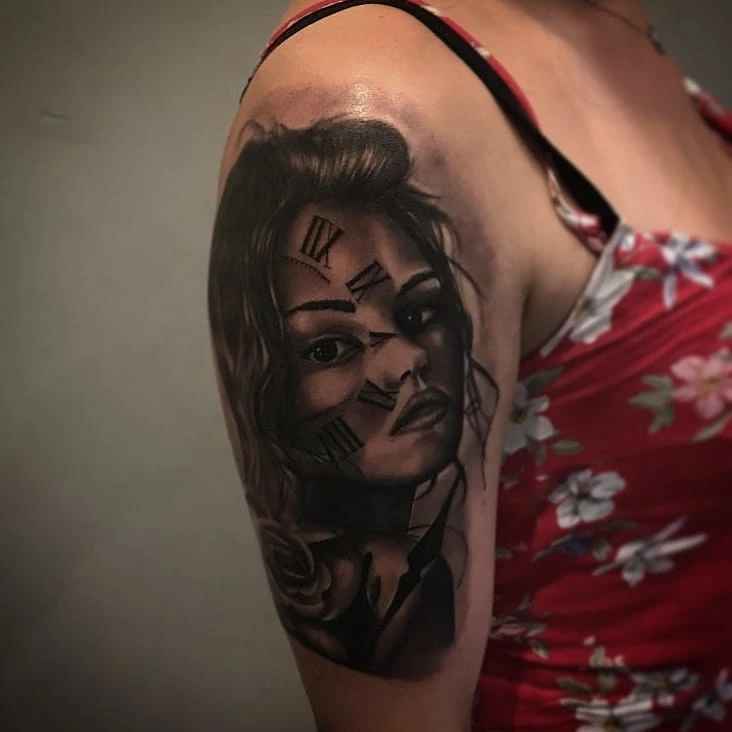 Female portrait with painted clown / chicano face mask