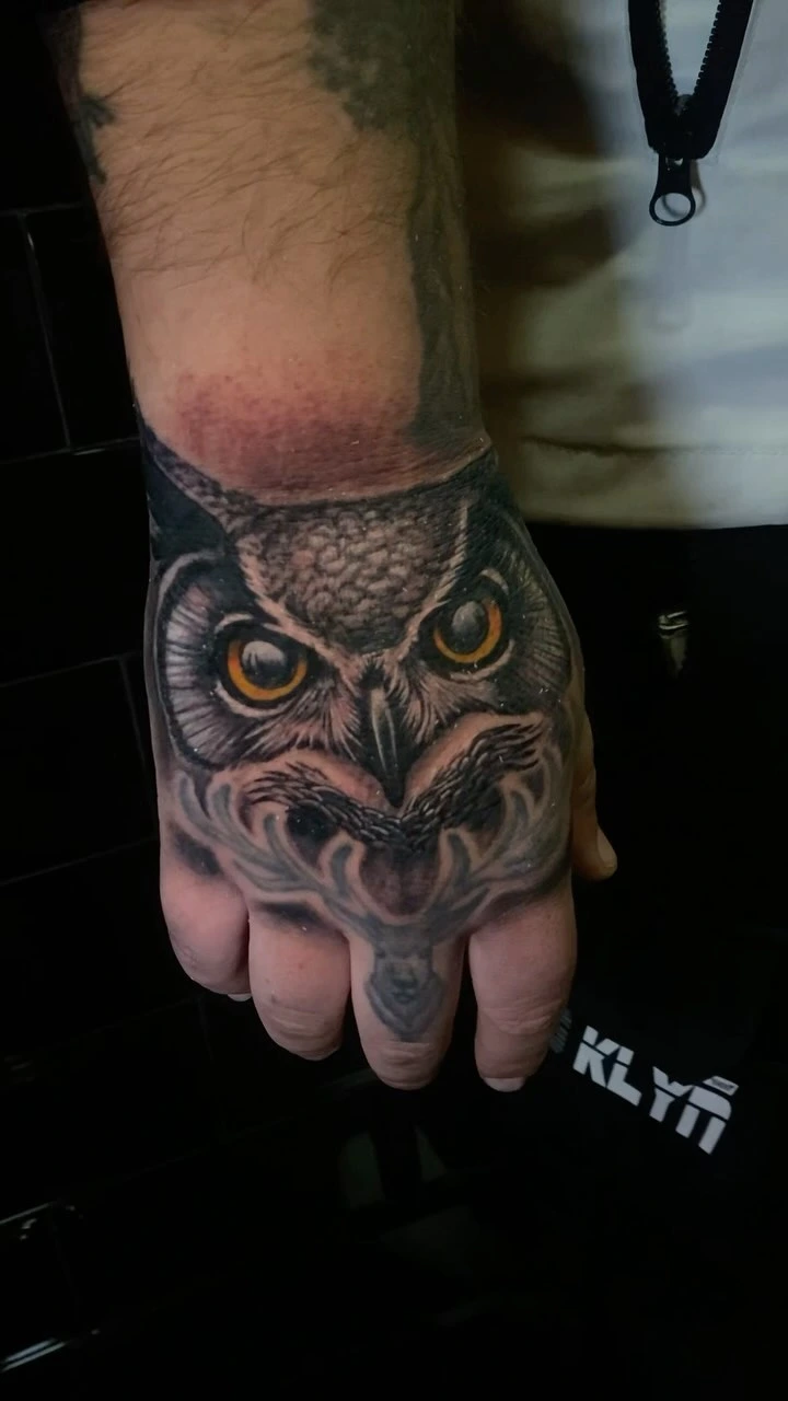 Photoreal great-horned owl portrait on hand, amber eyes