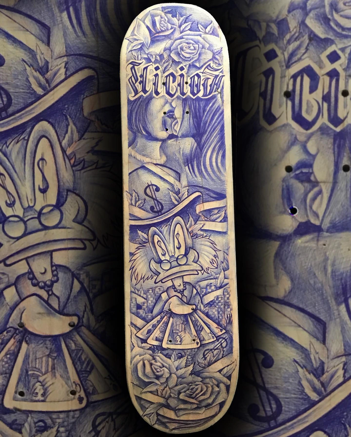 Skateboard deck art — 'Vicious' chicano script + Scrooge McDuck-style cartoon character drawn in blue Bic ballpoint pen