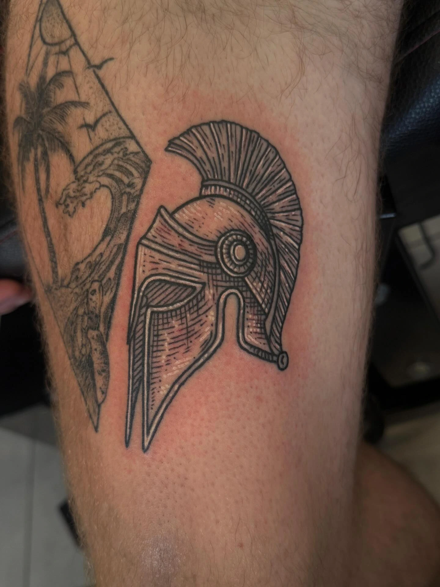Spartan/Greek plumed helmet engraving-style with palm-tree island scene companion