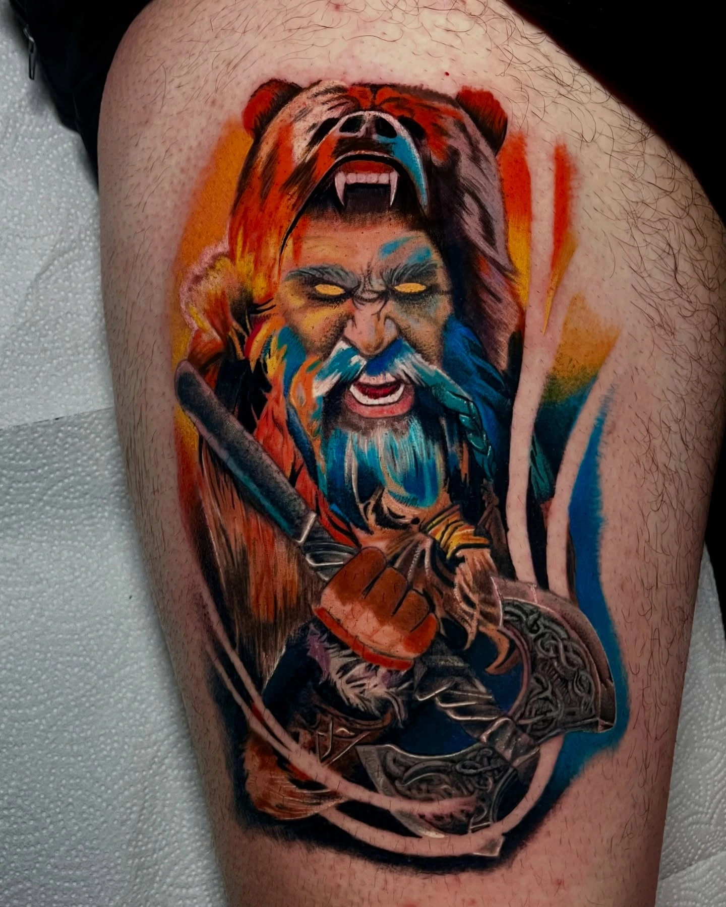 Viking warrior with bear-fur helm and axe in vibrant blue/orange palette