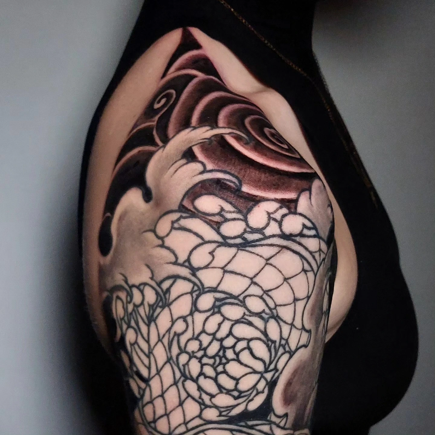 Oriental B&G shoulder/chest sleeve in progress (waves, rose, peony)