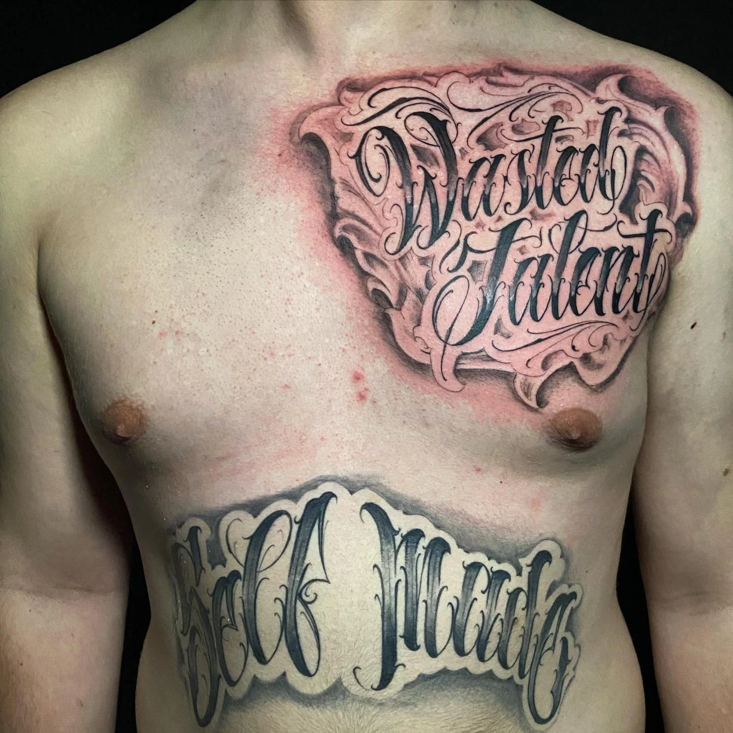 'Wasted Talent' chest + 'Self Made' stomach script combo
