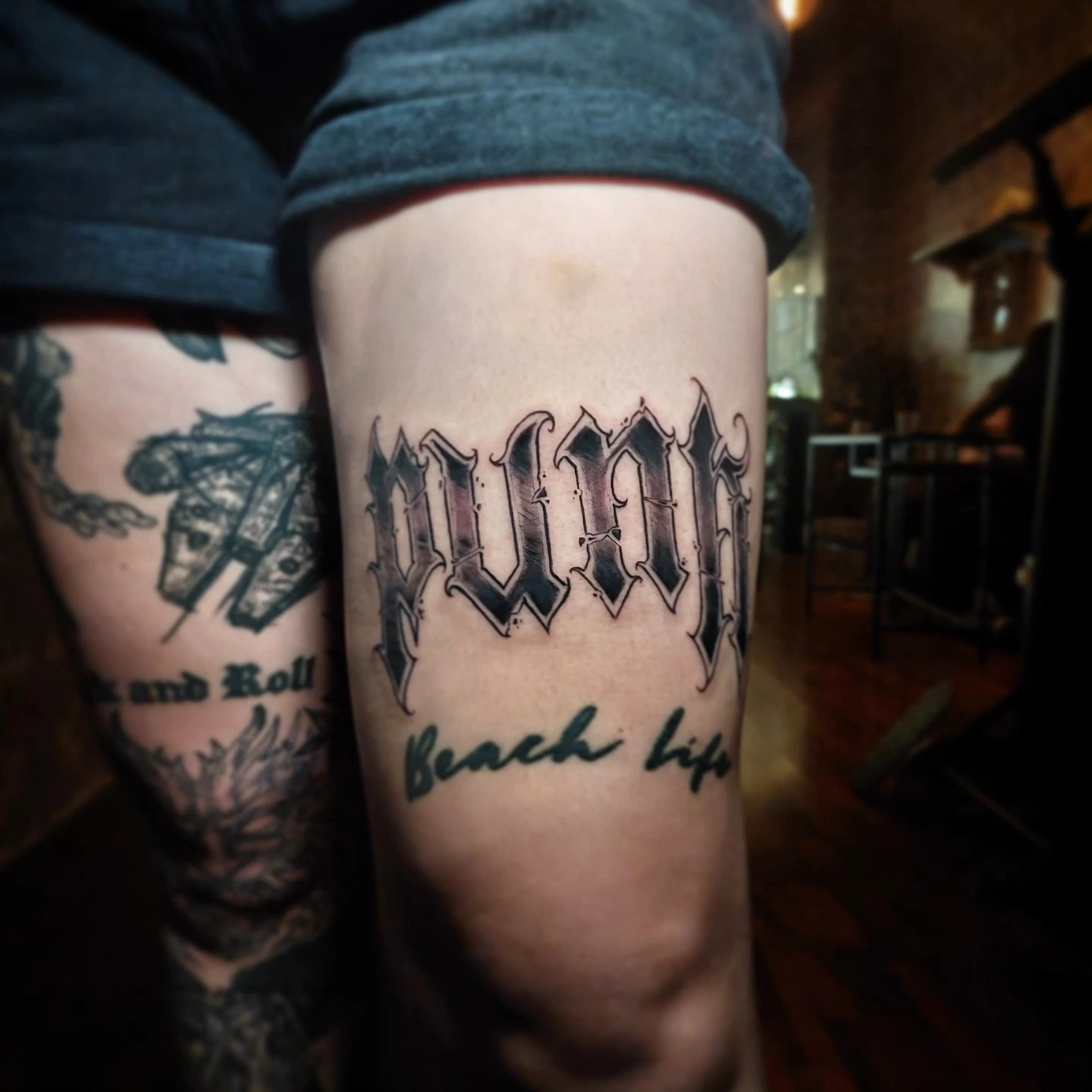 'PUNK' chicano dimensional thigh band + 'Beach Life' script
