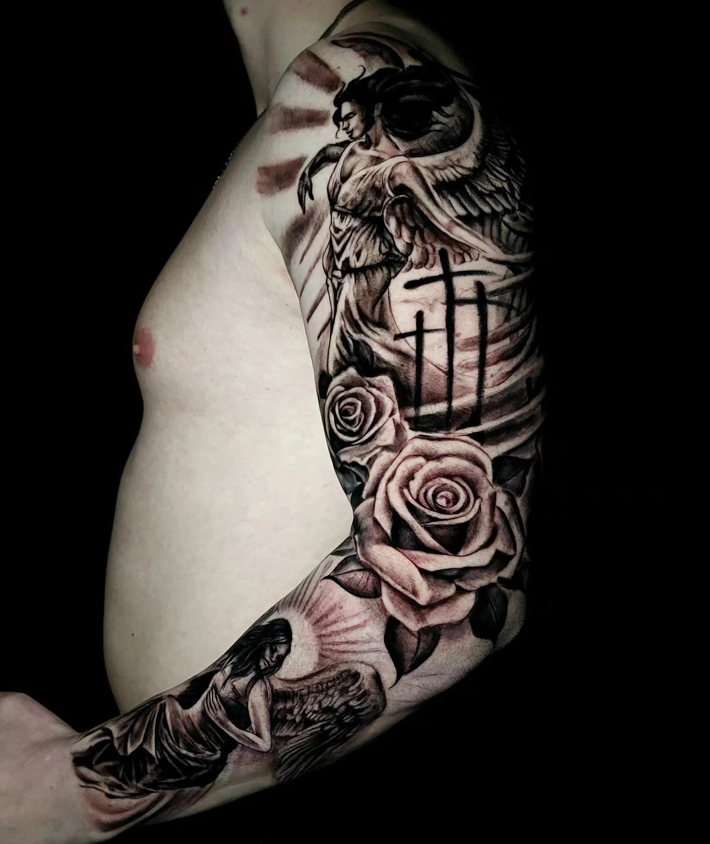 Angel with cross, roses & saint figure half-sleeve (religious composition)