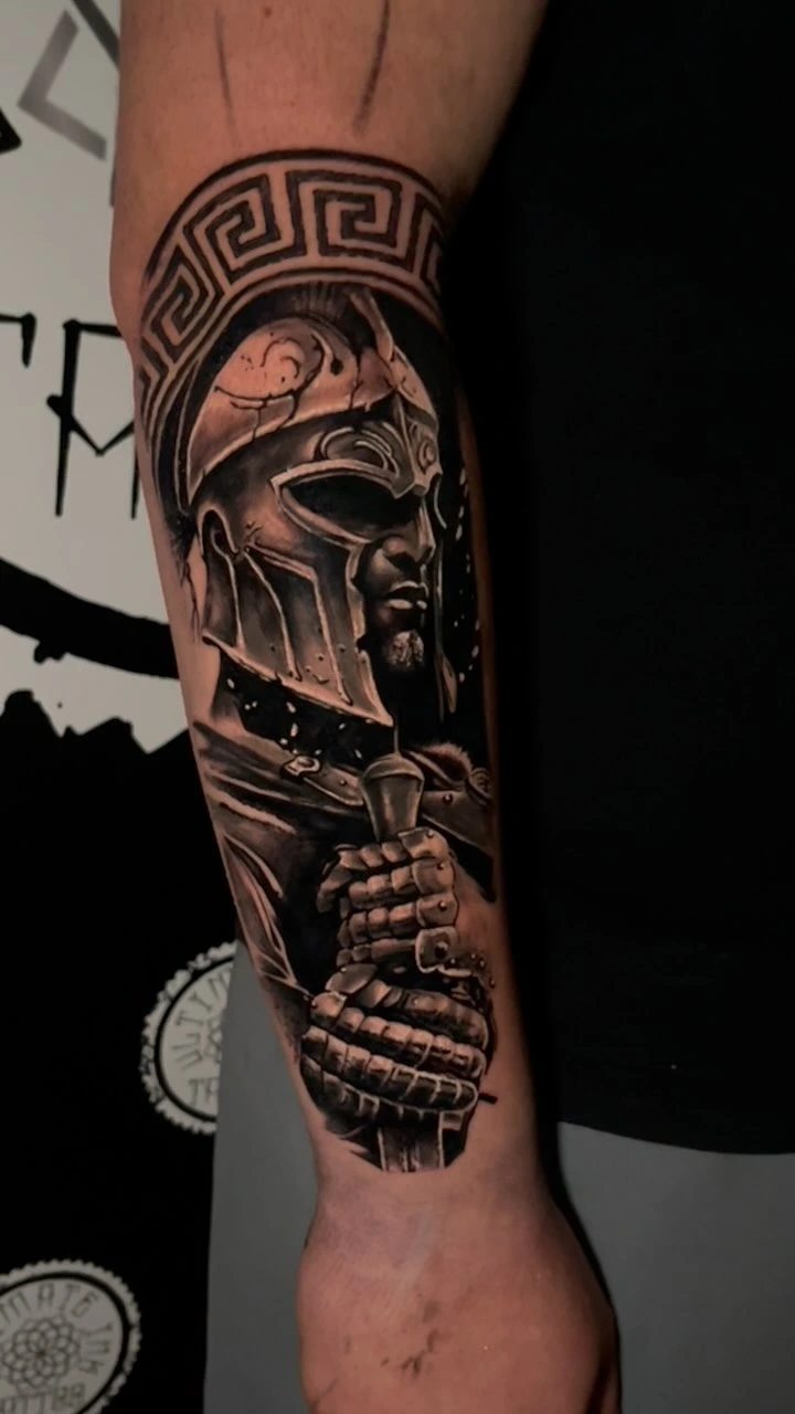 Spartan/Greek warrior with crested helmet holding torch, Greek meander border