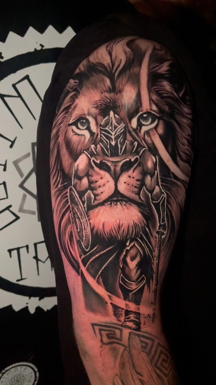 Lion-helmet warrior — lion head fused with armored Spartan figure, holding shield + spear