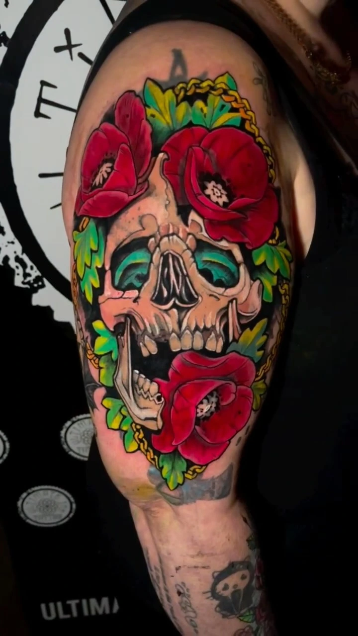 Skull with red poppy flowers and gold chain wreath, neo-trad