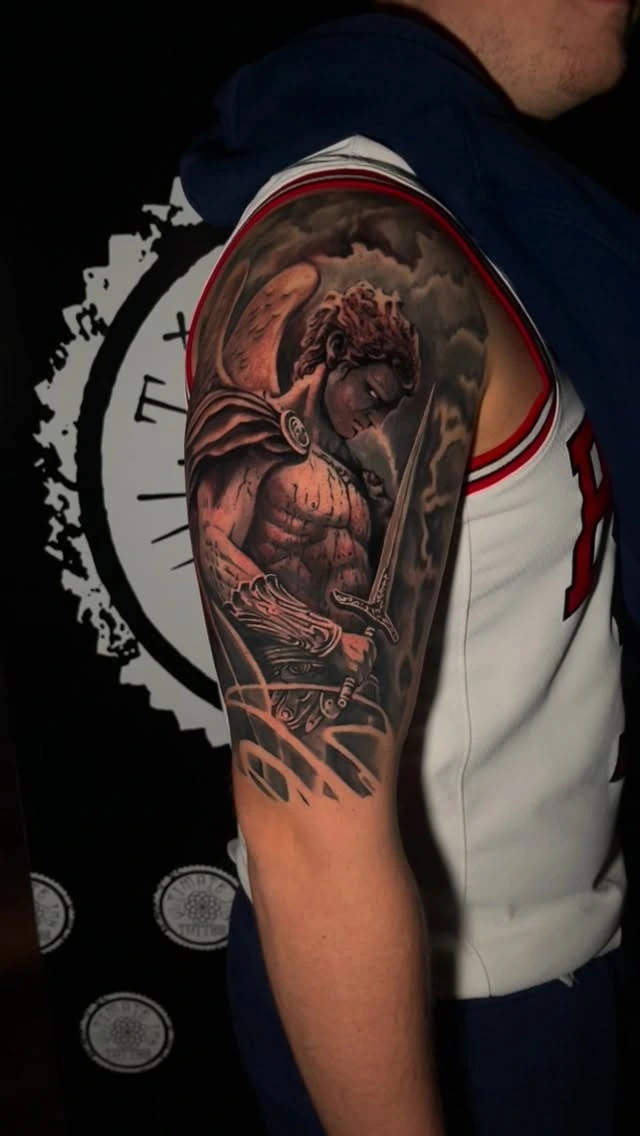 Archangel with sword and wings, classical statue style