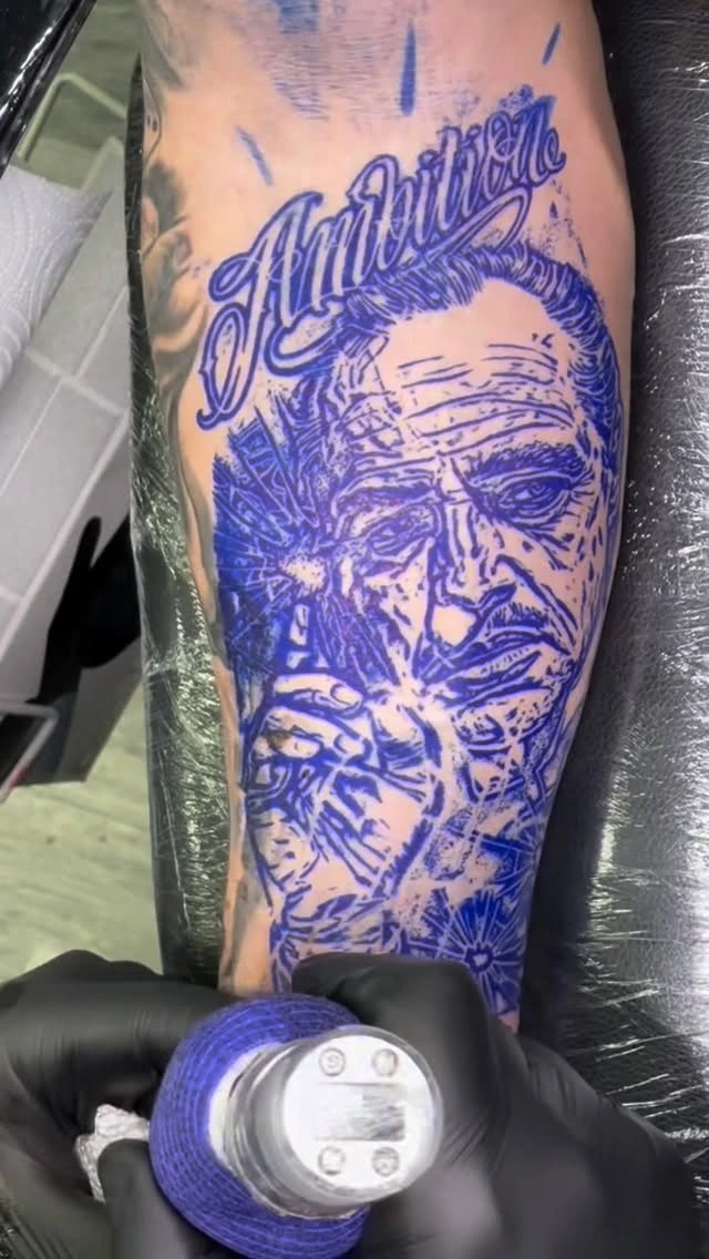 'Ambition' Old English script over Don Corleone / Godfather portrait, in stencil/blue stage