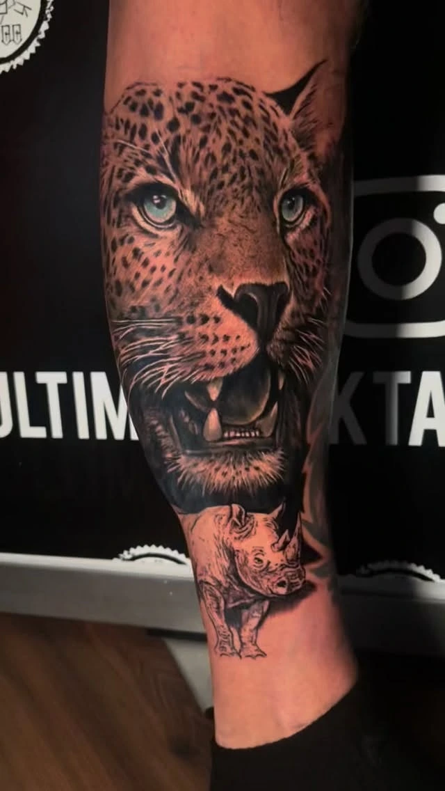 Photoreal leopard head with rhino below