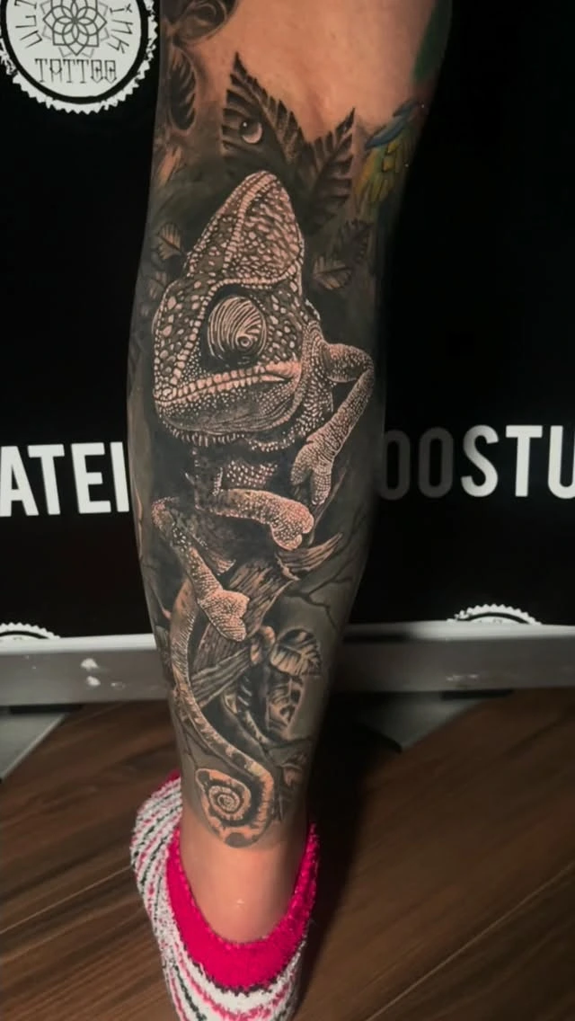 Photoreal chameleon on branch with foliage