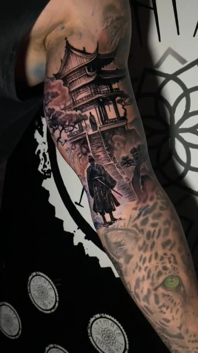 Japanese pagoda with samurai walking, leopard with green eye below — Japanese realism scene