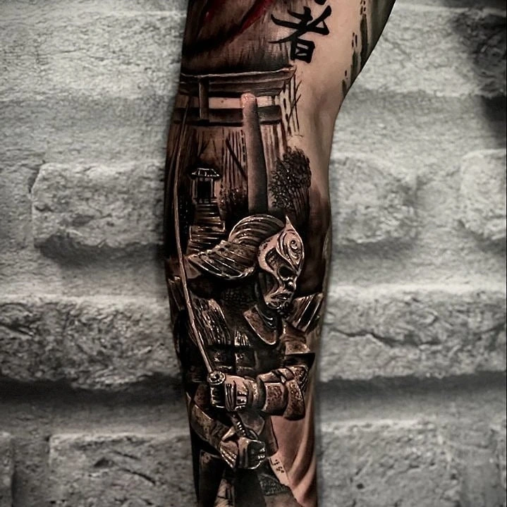 samurai warrior in full armor with torii gate and pagoda landscape