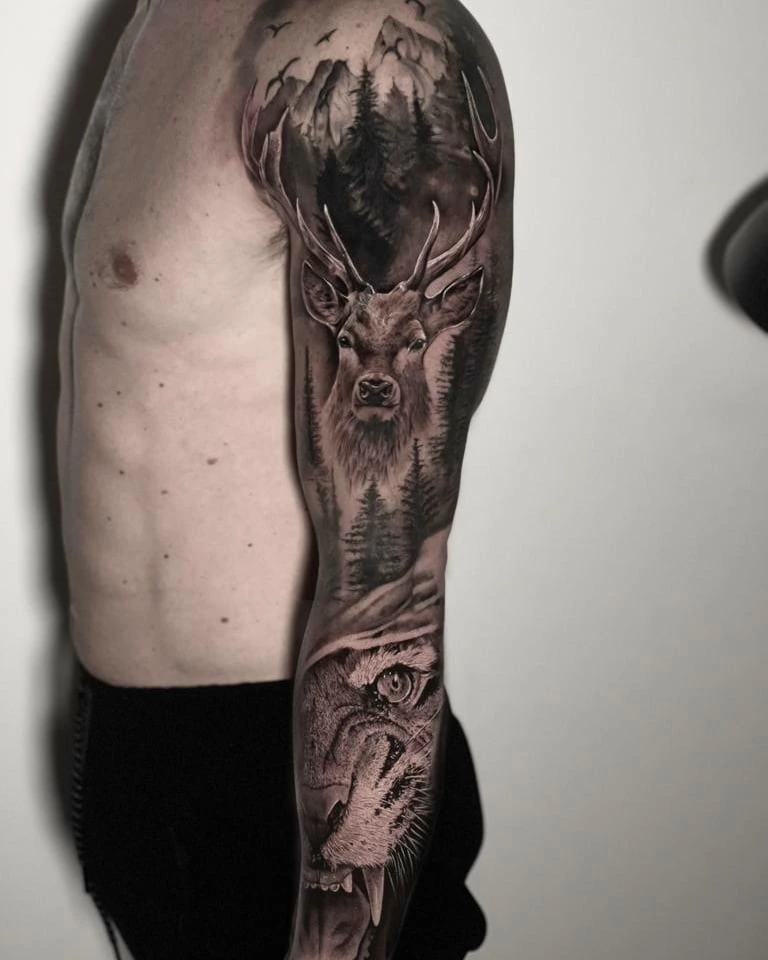 stag/deer + mountain landscape + tiger sleeve stack