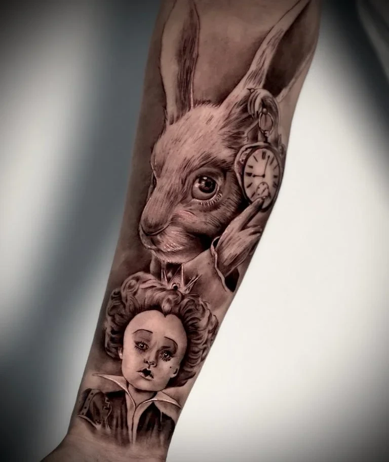 Alice in Wonderland — white rabbit with pocket watch + Alice/child portrait