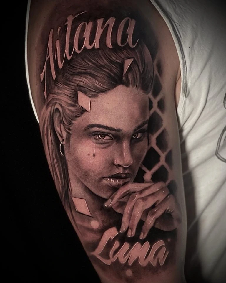 woman portrait with diamond chola makeup, name 'Aitana' lettering above and 'Luna' below